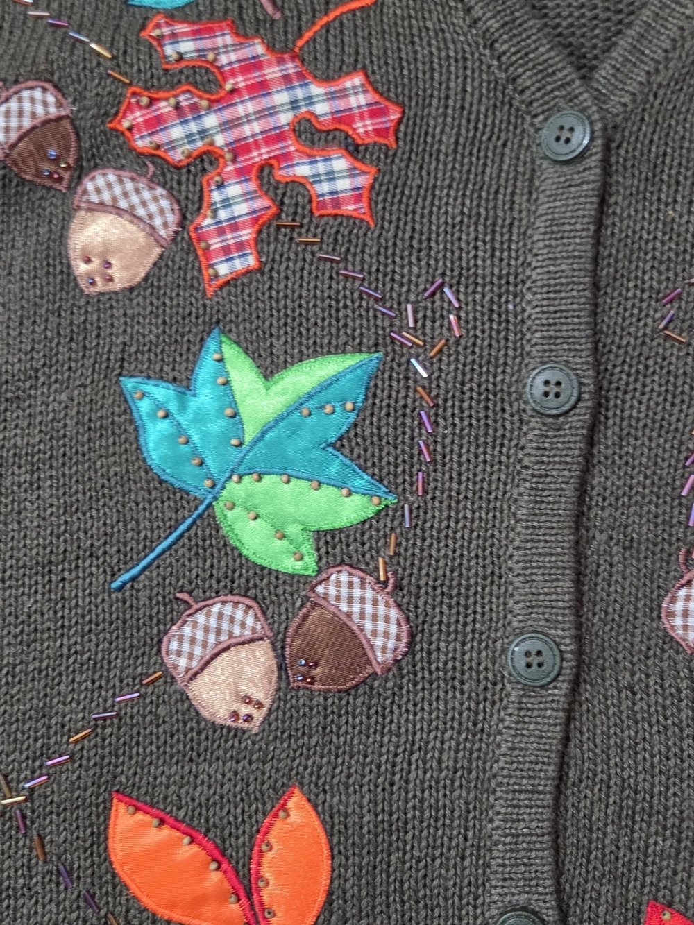 Bobbie Brooks Olive Green Cardigan with Colorful Leaf & Acorn Appliqués
